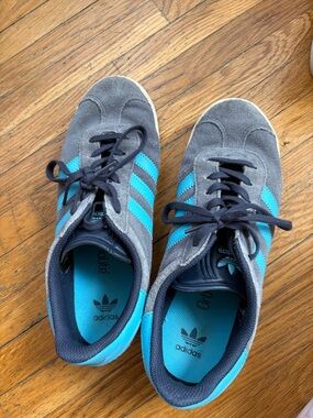 adidas Gray Suede Sneakers with Bright Blue Stripes